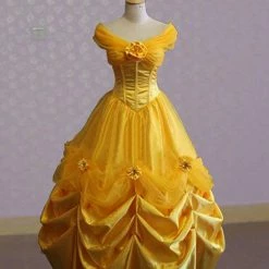 Auscosplay Prince & Princess Costume Belle Evening Gown Yellow Dress Cosplay Costume