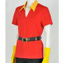 Auscosplay Prince & Princess Costume Adult Gaston Costume Red T-Shirt And Black Pants