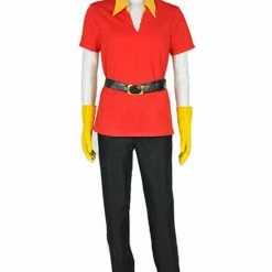 Auscosplay Prince & Princess Costume Adult Gaston Costume Red T-Shirt And Black Pants