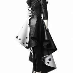 Auscosplay Movie Costume Cruella De Vil Cosplay Costume Black White Dress