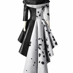 Auscosplay Movie Costume Cruella De Vil Cosplay Costume Black White Dress