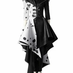 Auscosplay Movie Costume Cruella De Vil Cosplay Costume Black White Dress