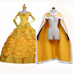 Auscosplay Prince & Princess Costume Adult Princess Belle Costume Yellow Cosplay Dress