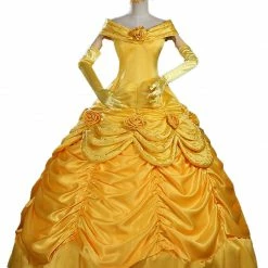 Auscosplay Prince & Princess Costume Adult Princess Belle Costume Yellow Cosplay Dress