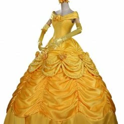 Auscosplay Prince & Princess Costume Adult Princess Belle Costume Yellow Cosplay Dress