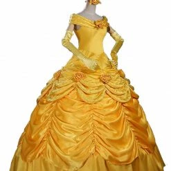Auscosplay Prince & Princess Costume Adult Princess Belle Costume Yellow Cosplay Dress