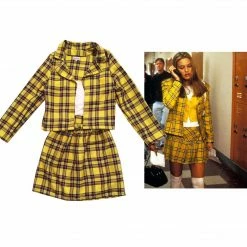Auscosplay Movie Costume Clueless Cher Cosplay Costume Yellow Tartan Outfit